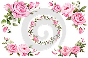 Watercolor floral wreaths with pink roses, green leaves and branches, Wreaths, floral frames, watercolor flowers pink roses,