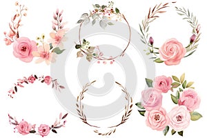 Watercolor floral wreaths with pink roses, leaves and branches, Hand-painted wreaths and floral frames with watercolor flowers,