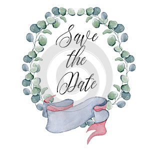 Watercolor floral wreaths with ribbon for your text. Floral banner. Save the date card