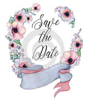 Watercolor floral wreaths with ribbon for your text. Floral banner. Save the date card