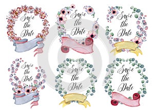 Watercolor floral wreaths with ribbon for your text. Floral banner. Wedding invitation.