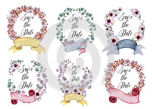 Watercolor floral wreaths with ribbon for your text. Floral banner. Wedding invitation.