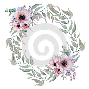 Watercolor floral wreaths with ribbon for your text. Floral banner. Wedding invitation.