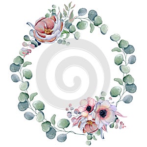 Watercolor floral wreaths with ribbon for your text. Floral banner. Wedding invitation.