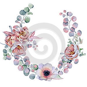 Watercolor floral wreaths with ribbon for your text. Floral banner. Wedding invitation.