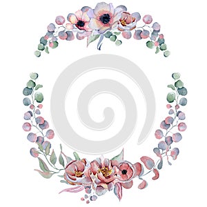 Watercolor floral wreaths with ribbon for your text. Floral banner. Wedding invitation.