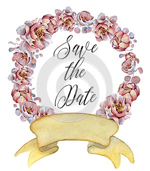 Watercolor floral wreaths with ribbon for your text. Floral banner. Wedding invitation.