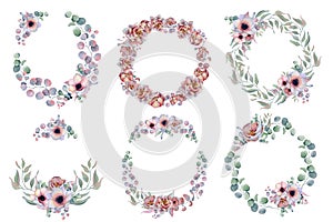 Watercolor floral wreaths with ribbon for your text. Floral banner. Wedding invitation.