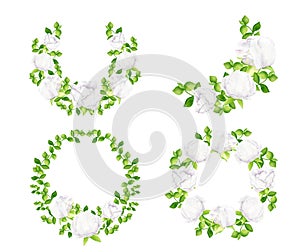 Watercolor floral wreaths set. Hand painted peonies and green leaves isolated on white background. White flowers and