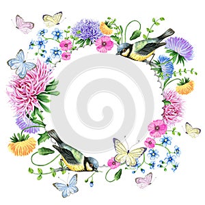 Watercolor floralframe with birds