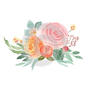 Watercolor florals hand painted with text banner, lush flowers aquarelle isolated on white background.