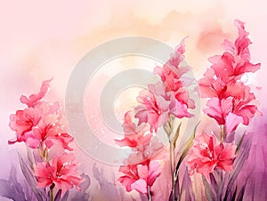 watercolor flower background - red and pink gladioli