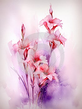 watercolor flower background - red and pink gladioli