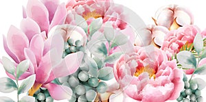 Watercolor flower bouquet with magnolia and peony