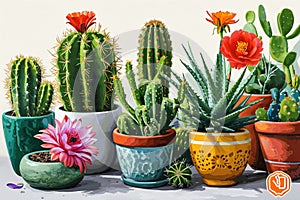 Watercolor flower cactus plants and cactus pots cartoon set illustration on white background