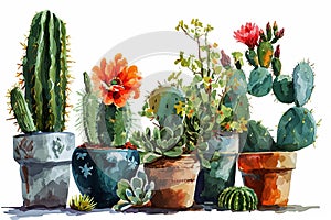 Watercolor flower cactus plants and cactus pots cartoon set illustration on white background