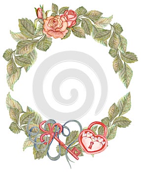 Watercolor flower circlet with key, lock, ribbon