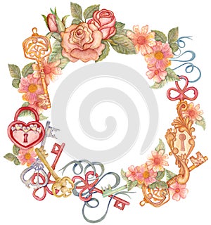 Watercolor flower circlet with keys and padlock