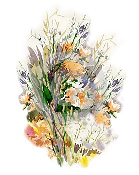 Watercolor flower composition. Hand drawn floral artwork. Fullsize raster.