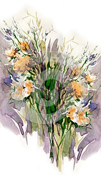 Watercolor flower composition. Hand drawn floral artwork. Fullsize raster.