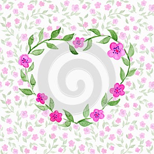 Watercolor flower floral heart shaped wreath frame background