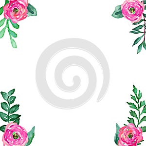 Watercolor flower frame backgrounds. Wedding invitation, flowers, petals and herbal bouquets with green foliage. graphics