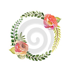 Watercolor flower frame circle. Bouquet of flowers with leaves, illustration in watercolor style. Romantic design