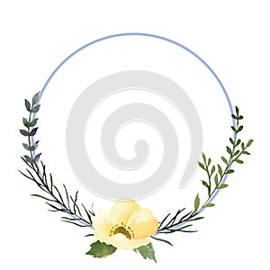 Watercolor flower frame circle. Card with circular flowers and leaves. Wedding ornament concept. Decorative greeting card layout