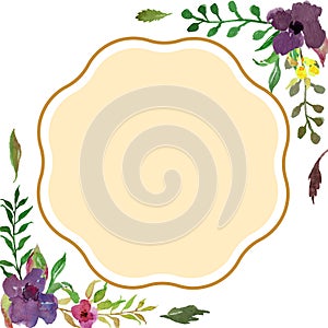 Watercolor flower frame circle. Purple wreath with green leaves. Border frame with space, on a white background