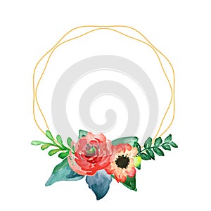 Watercolor flower frame circle. Watercolor wreath with flowers and leaves. illustration