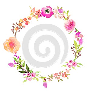 Watercolor flower frame circle. wreath of flowers in watercolor style with white background