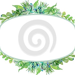 Watercolor flower frame oval. Invitation. Wedding or birthday card. Floral frame. Watercolor background with flowers