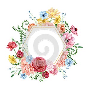 Watercolor flower frame with red and pink rose, pink peony, blue anemone. Greenery branches and leaves. Botanical illustration