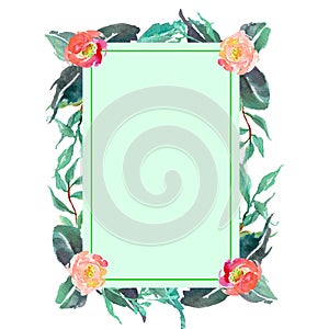Watercolor flower frame with wild flowers, hand drawn template, perfect for wedding or birthday invitations