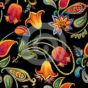 Watercolor flower paisley pattern. Seamless Indian motif background. photo