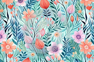 Watercolor flower pattern background. Green and red colors on a light background