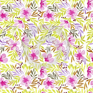 Watercolor flower pattern. Seamless pattern. Bright flowers, greens, sunny print. Textile design. Wrapping paper, gift wrapping.