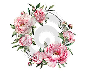 Watercolor flower peony, flowers and leaves peonies, frame isolated on white background, floral set, vector design for invitation