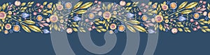 Watercolor flower repeat banner isolated on blue