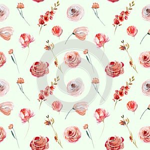Watercolor flower seamless pattern of red and white roses and wildflowers