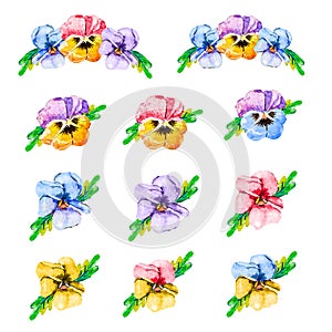 Watercolor flower set, hand drawn illustration of pansies, colorful floral elements isolated on white background. Yellow,pink,red,