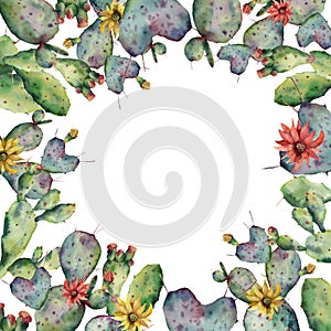 Watercolor flowering cactuses card. Hand painted opuntia with red and yellow flower isolated on white background