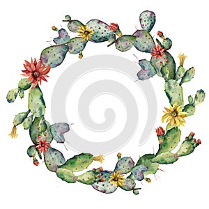 Watercolor flowering cactuses wreath. Hand painted opuntia with red and yellow flower isolated on white background