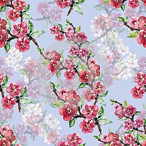 Watercolor Flowers Apple with Flowers Cherry. Handiwork Seamless Pattern on a Blue Background.