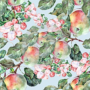 Watercolor Flowers Apple with Fruits. Handiwork Seamless Pattern on a Blue Background.
