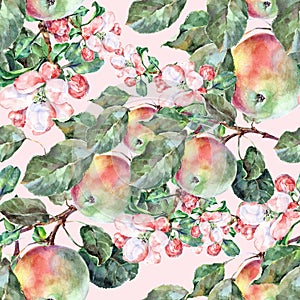 Watercolor Flowers Apple with Fruits. Handiwork Seamless Pattern on a Pink Background.
