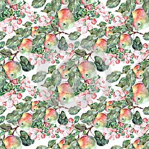 Watercolor Flowers Apple with Fruits. Handiwork Seamless Pattern on a White Background.