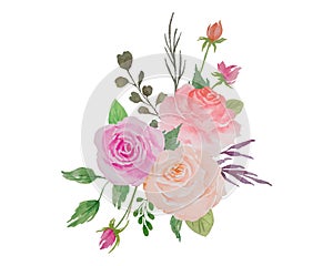 Watercolor Flowers Arrangement, Floral Bouquet with Roses and Green Leaves Illustration