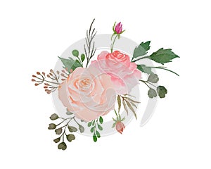 Watercolor Flowers Arrangement, Illustration of Floral Bouquet with Roses and Green Leaves