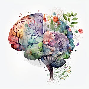 watercolor , flowers as human brain , mental health and well-being Generate Ai